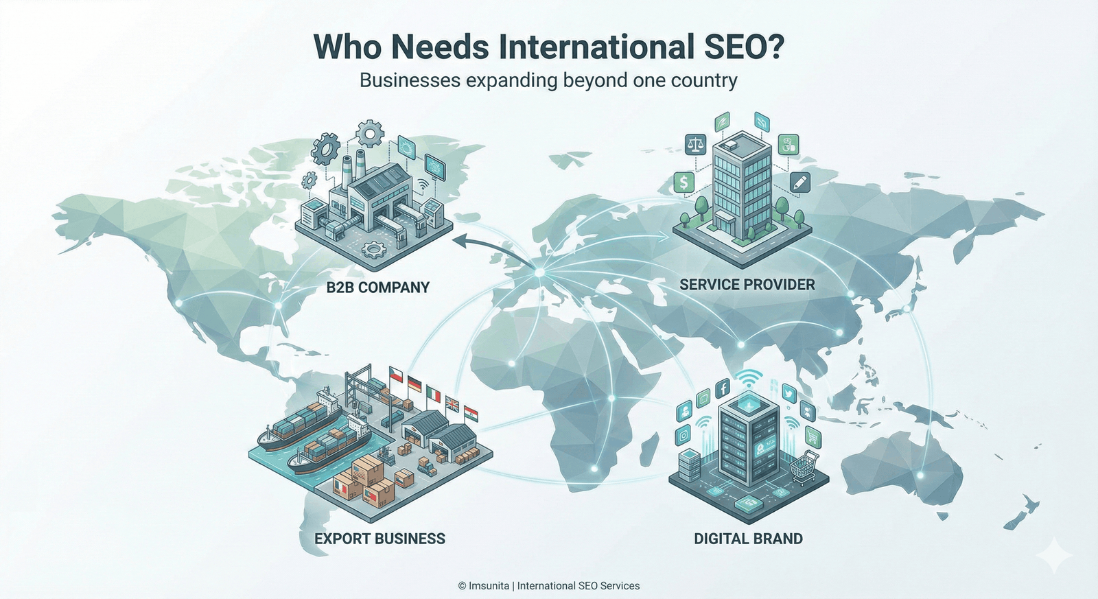 Illustration showing which businesses need international SEO, including global service providers and export-focused companies.