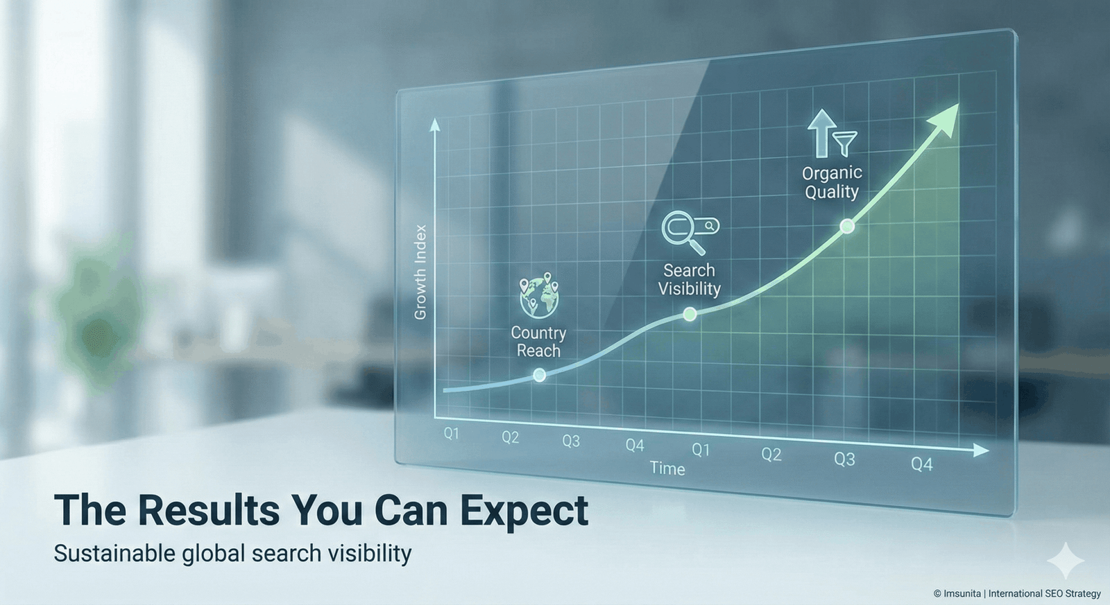 Illustration showing expected results from international SEO, including steady growth in global search visibility and organic traffic.