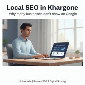 Local SEO in Khargone explained with a small business owner reviewing Google Business Profile visibility and understanding why businesses do not appear in local search results.