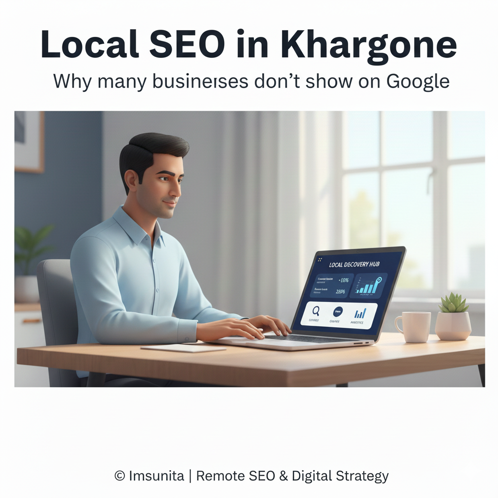 Local SEO in Khargone explained with a small business owner reviewing Google Business Profile visibility and understanding why businesses do not appear in local search results.